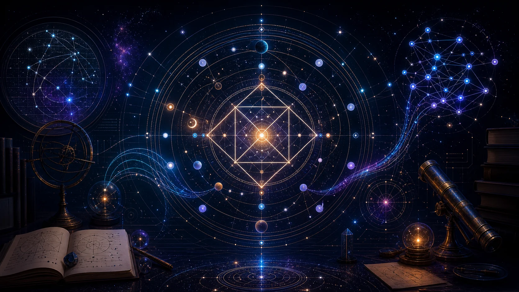Concept illustration of a computational birth chart connected to a small local AI model