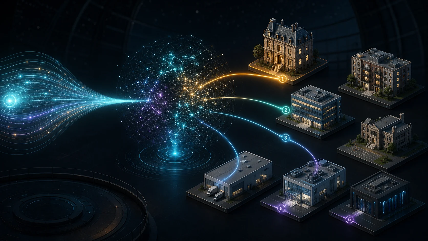Concept illustration of a semantic query being matched to ranked house, apartment, office, school, warehouse, laboratory, and data-centre archetypes