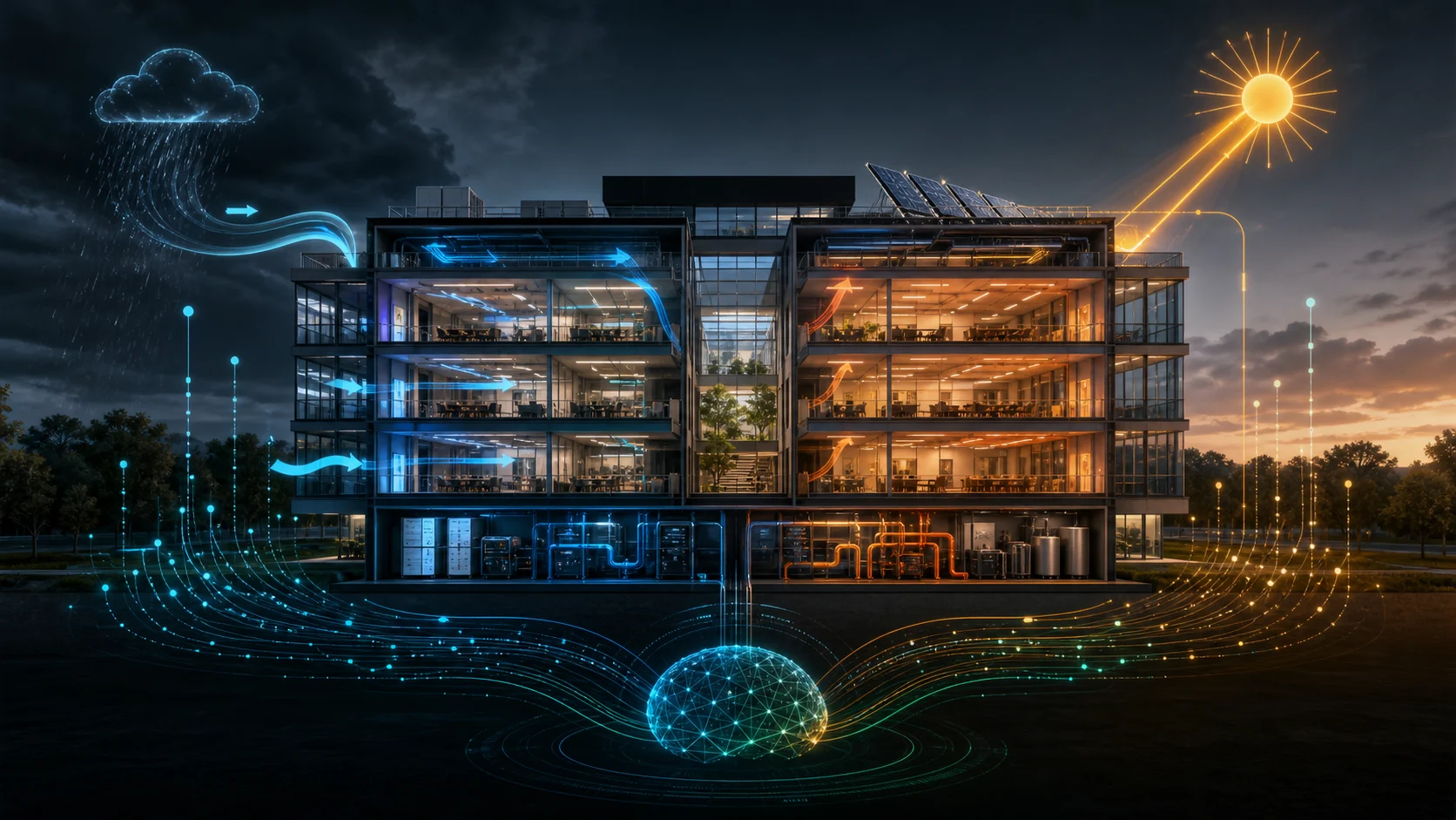 Concept illustration of weather, HVAC, and thermal data flowing through a building-energy model