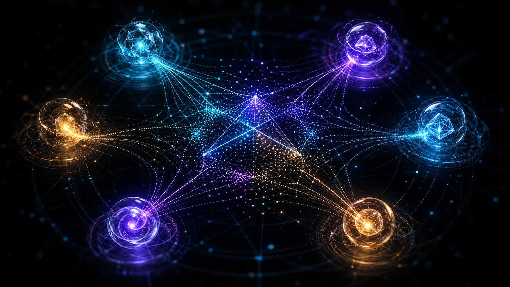 Concept illustration of multiple AI agents converging in a shared semantic response space