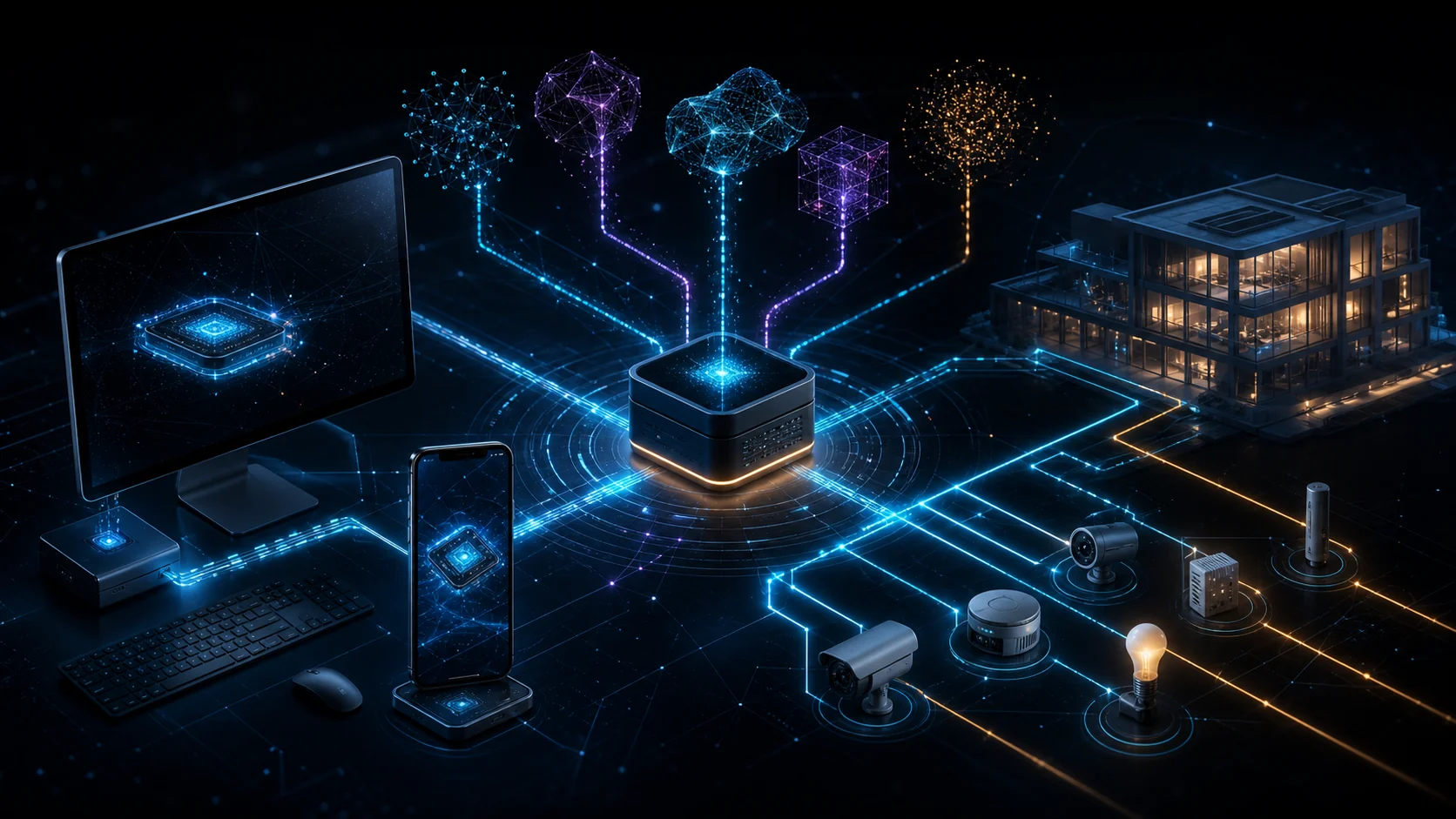 Concept illustration of desktop and mobile local AI connecting through a secure hub to building systems and edge devices