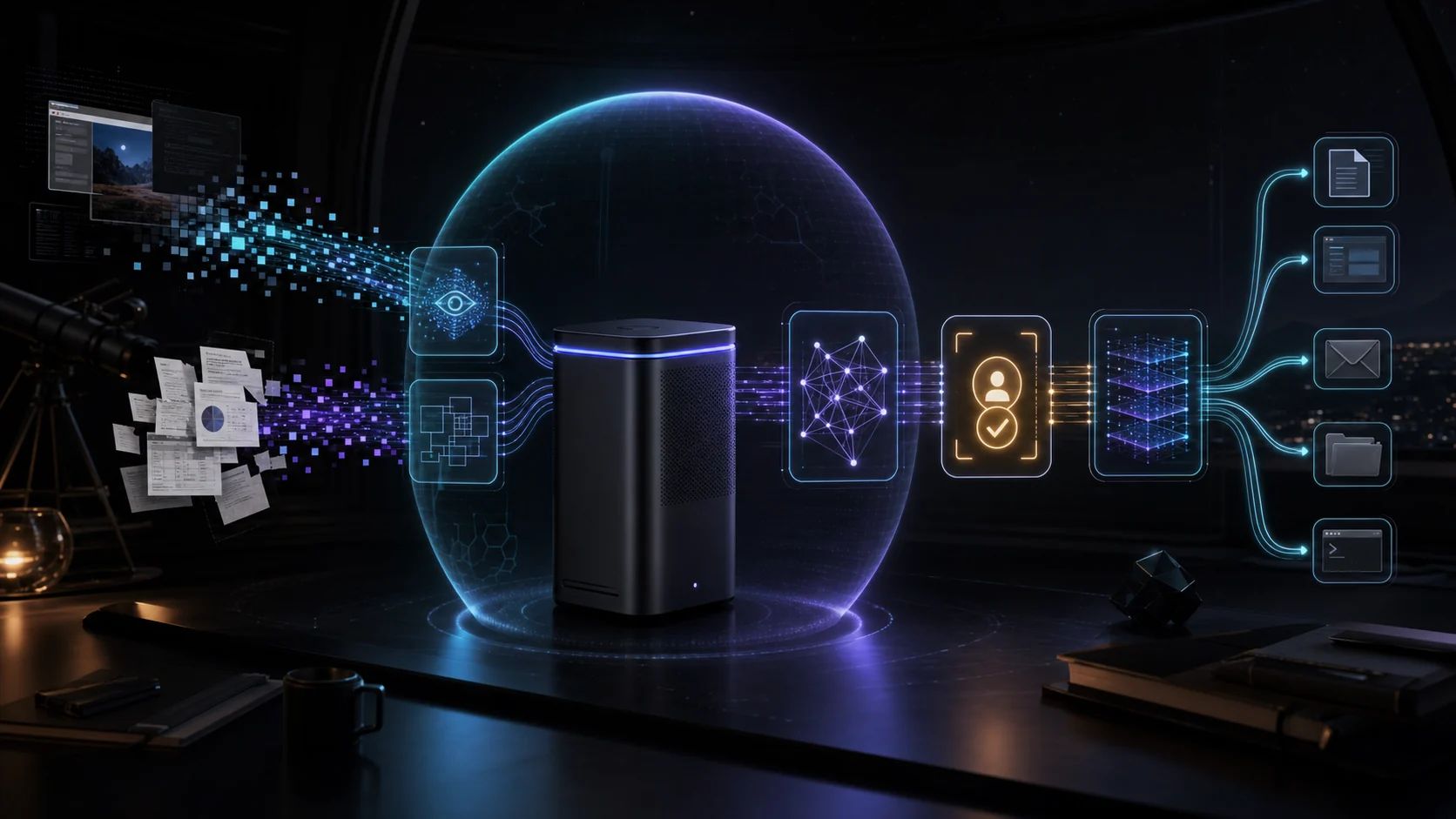 Concept illustration of a privacy-first local AI operating system moving screen context through observation, planning, approval, memory, and action