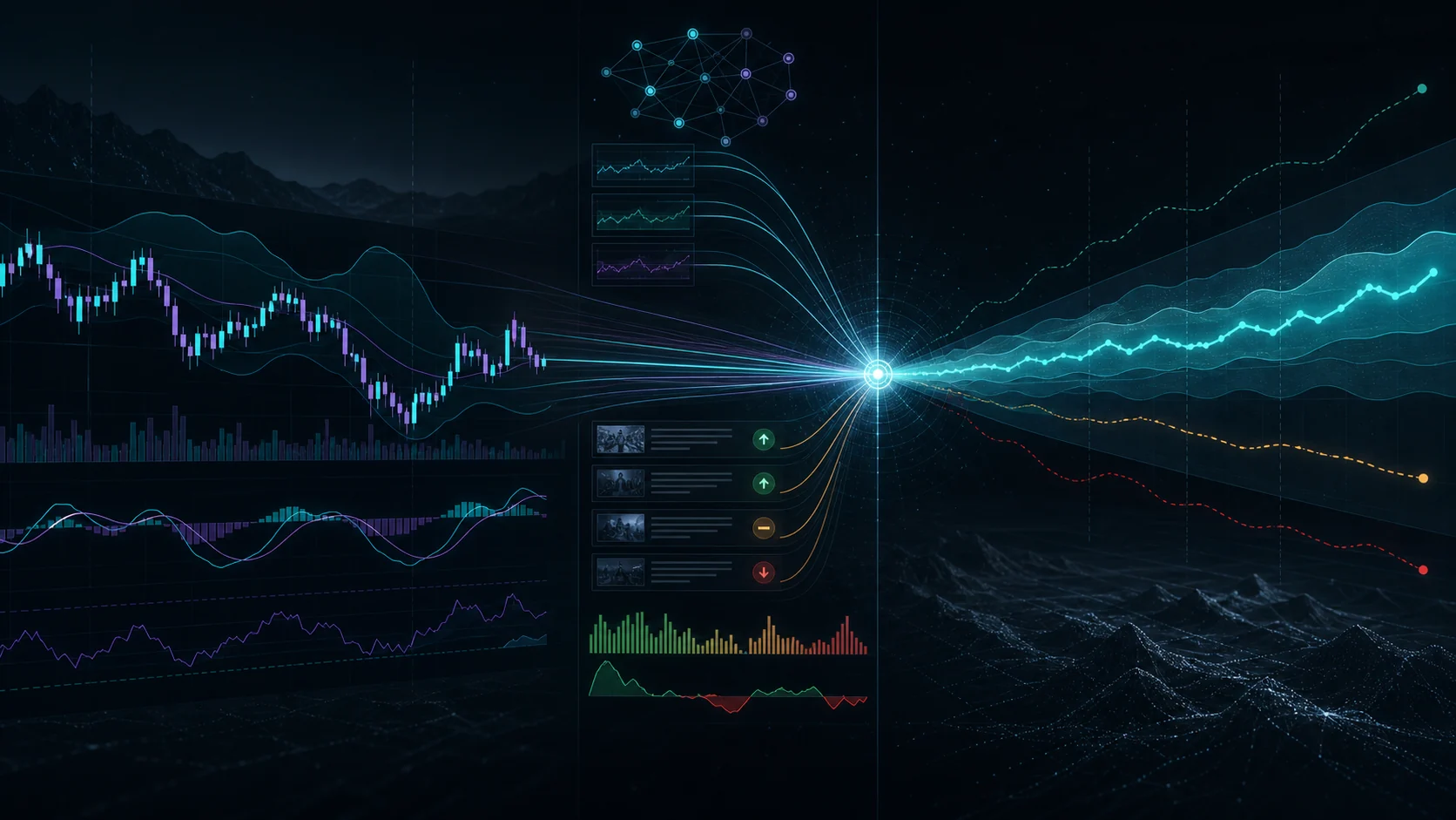Concept illustration of technical, sentiment, and machine-learning signals converging into an ensemble forecast